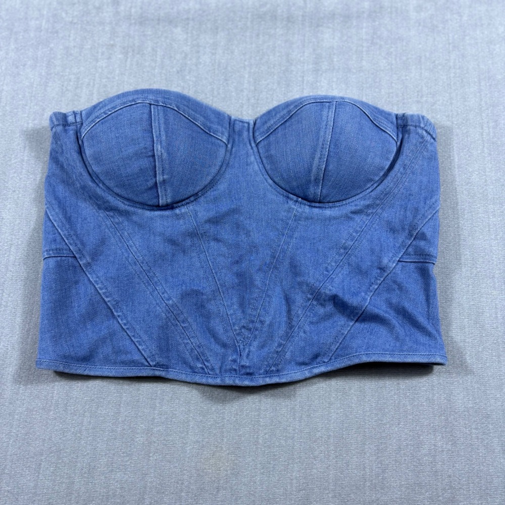 Story On Denim Corset Top Womens Medium Blue Bustier Strapless Zip Back Crop